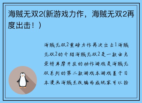 海贼无双2(新游戏力作，海贼无双2再度出击！)
